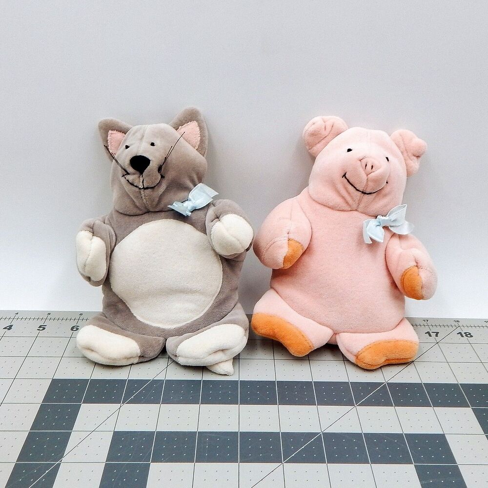 Manhattan Toy Pig & Cat Wash Mitt 1995 Puppets Blue Bows Pair